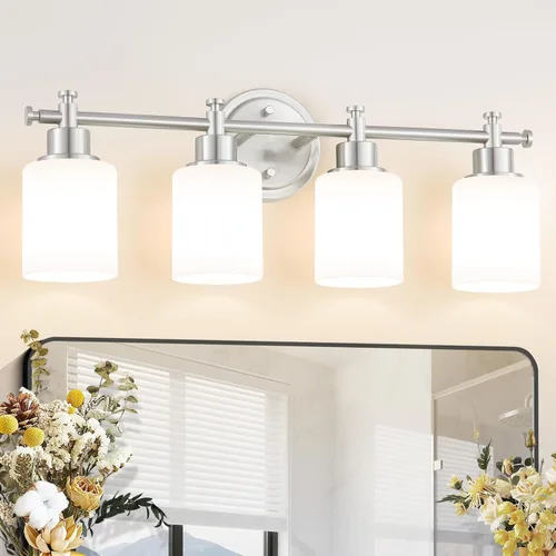 Miniatura 14 de Lámparas de baño negras de 3 luces, modernas luces de tocador sobre el espejo, apliques de pared de baño con pantalla de vidrio blanco, enchufe E26