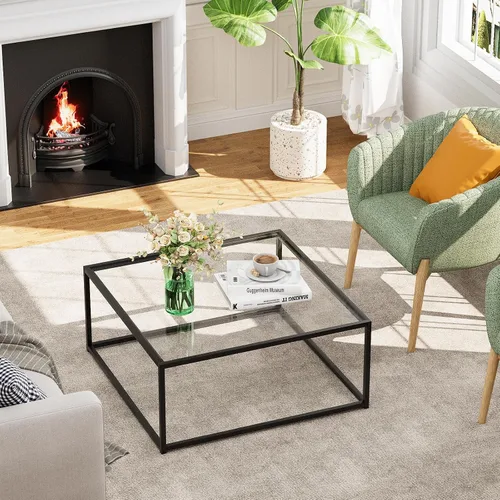 Miniatura 7 de Mesa de Café de Vidrio Negro para Sala de Estar, Mesas de Café Cuadradas para Espacios Pequeños, Mesas Centro Modernas de Té y Cóctel Simples, Mesas