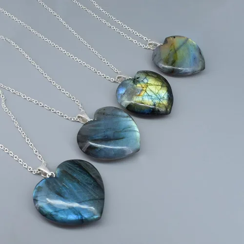 Miniatura 2 de Gempires Natural Labradorite Heart Pendant Necklace, Handmade Jewelry, Silver Plated 18 + 2 Inch Adjustable Chain (Labradorite)
