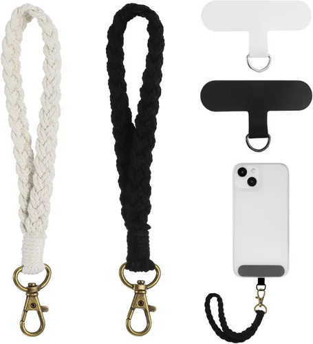 Miniatura 8 de Jspupifip 2 piezas de correa de muñeca para teléfono estilo macramé boho, linda correa de teléfono celular con pestaña de sujeción, pulsera de Blanco