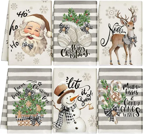 Miniatura 16 de Hosuly 6 Piezas Toallas de Cocina Navideñas Afroamericanas Paños de Platos de Santa Negro Toallas de Mano Navideñas Negras y Rojas Santa Ángel Acebo