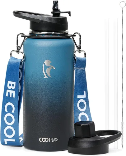 Miniatura 19 de Botella de agua Coolflask de 40 onzas con correa, botella de agua metálica aislada con popote y tapas con pico, acero inoxidable de doble pared al