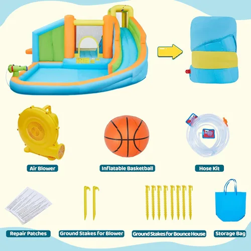 Miniatura 9 de Yaheetech - Castillo inflable de rebote para niños de 3 a 10 años W/ Splash Pool, Toy Market Stand, Bouncer Area, Slide, Climbing Wall, Storage