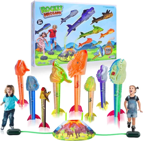 Miniatura 8 de Gizzjoy Lanzador de cohetes de juguete de dinosaurio para niños, lanza hasta 100 pies, 4 cohetes, juguetes exteriores para niños, juguetes