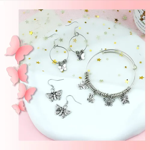 Miniatura 5 de JIALEEY Dijes de mariposa para hacer joyas y manualidades, 60 dijes de mariposa chapados en plata tibetana, aleación, Aleación.