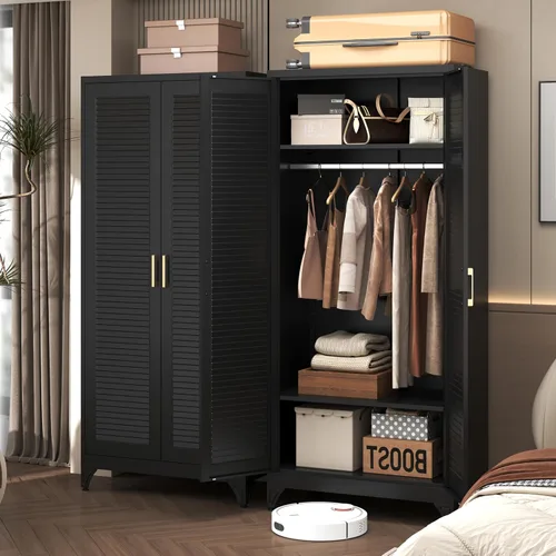 Miniatura 2 de SteeLoong Armario de metal de 71 pulgadas con barra para colgar, armario con puertas y estantes ajustables, armarios de almacenamiento de ropa negra