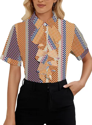 Miniatura 24 de Vrtige Women's Ruffle Front Collar Neck Button Down Short Sleeve Blouse Shirt Top