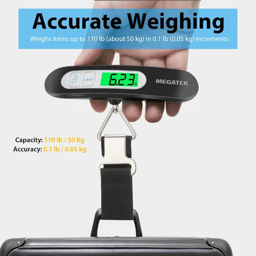 Miniatura 3 de MEGATEK Báscula digital portátil para equipaje, báscula de pesaje de maleta de viaje de mano con panel de acero inoxidable, pantalla LCD