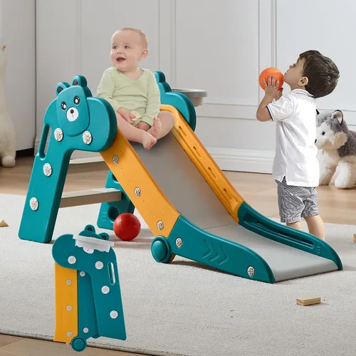 Miniatura 8 de DOREROOM Toboganes de interior para niños pequeños, plegables de plástico con aro de baloncesto y pelota