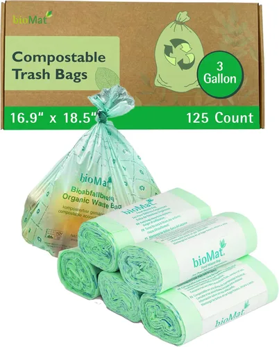 bioMat Bolsas de basura compostables de 3 galones, 125 unidades, pequeñas bolsas de basura de cocina con parte superior plana, certificado BPI, CMA