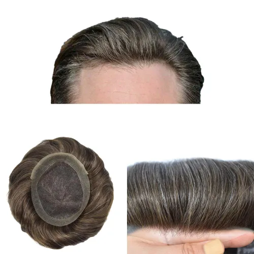 Miniatura 52 de LYRICAL HAIR Sistema de cabello humano Remy de encaje francés súper fino para hombre, piel de poliéster transparente alrededor de las pelucas, tupé