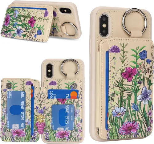 Miniatura 13 de Havaya Funda para iPhone Xs y iPhone X, cartera con tarjetero y llavero, soporte de anillo de piel sintética, diseño floral con ranuras