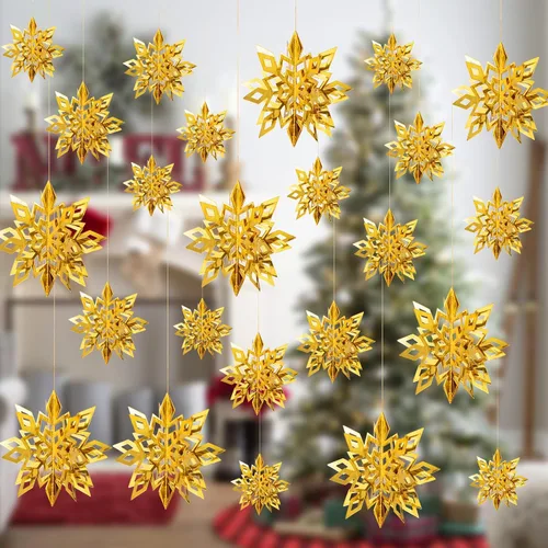 Crafare Decoraciones colgantes de copo de nieve 3D, paquete de 18 unidades, 3 tamaños, guirnalda colgante de copo de nieve de papel de color dorado