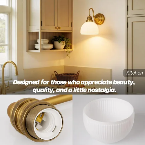 Miniatura 6 de Apliques de Pared Dorados, Luz de Tocador de Baño Cableada con Cuenco Rayado de Vidrio Esmerilado, Lámpara de Pared Montada de Latón Vintage