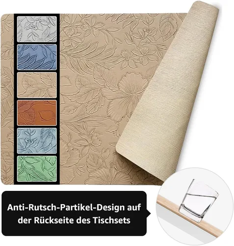 Miniatura 5 de Juego de 4 manteles individuales con 4 posavasos, diseño floral tallado, antideslizantes, resistentes al calor, lavables para cocina y mesa de Beige