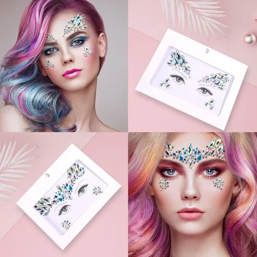 Miniatura 3 de SAOROPEB Gemas faciales – 6 juegos de joyas de cara de sirena, calcomanías temporales de tatuaje, calcomanías de acrílico con purpurina de cristal
