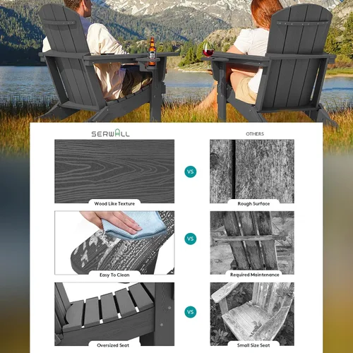 Miniatura 3 de SERWALL Silla Adirondack plegable, Silla Adirondack HDPE con textura de madera - gris