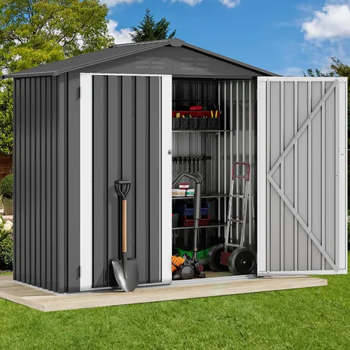 DWVO Cobertizo de almacenamiento para exteriores de 6 x 4 pies, cobertizos de herramientas de metal grandes, casa de almacenamiento resistente con