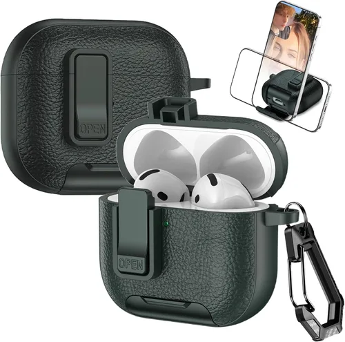 Miniatura 17 de Funda de cuero con clip de bloqueo para AirPods Pro 2ª/1ª con mosquetón, soporte de carga inalámbrica con soporte, cubierta de protección resistente