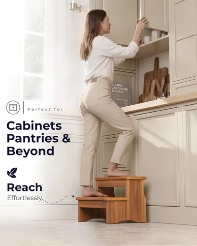 Miniatura 3 de FANATU Taburete de madera de dos escalones, escalera resistente de 2 escalones para adultos y niños, soporta hasta 450 libras para uso en cocina