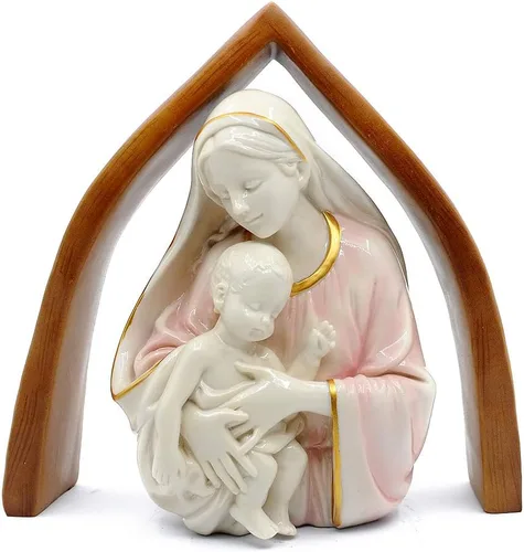 Comfy Hour Figura de Virgen y el Niño de 10 pulgadas, estatua de niño de la Virgen María y Cristo con fondo de arco de aspecto de madera, acento de