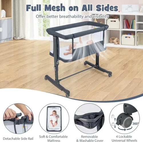Miniatura 6 de INFANS Moisés de bebé 3 en 1, Durmiente junto a la cama para recién nacidos, Cuna plegable con colchón, Bolsa de viaje, Ruedas, Malla de 4 lados