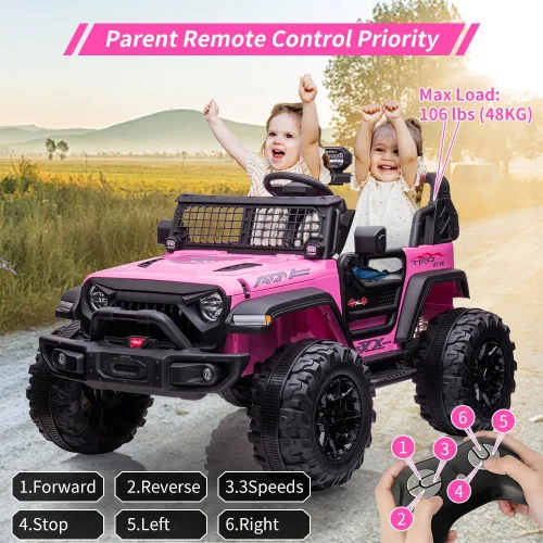 Miniatura 2 de Camión de paseo para niños de 24 V, 2 plazas, con control remoto, asiento grande de 20 pulgadas + ruedas grandes de 15.5 pulgadas, vehículo Ruedas