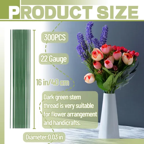 Miniatura 2 de 200 arreglos florales de alambre de tallo floral de calibre 22 y manualidades, verde oscuro, alambre floral para arreglos florales de 16 pulgadas