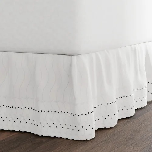 Fresh Ideas Falda de cama con calados, diseño con volantes, caída de 14 pulgadas, borde bordado festoneado, tamaño Queen, blanco