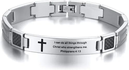 MEALGUET Pulsera religiosa de acero inoxidable con cita religiosa de la fe cristiana versículo de la Biblia inspiradora Cruz de fibra de carbono
