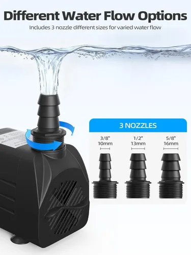Miniatura 5 de Bomba de agua sumergible de 400 GPH (1500 L/H, 25 W), bomba de fuente de agua ultra silenciosa con elevación de 6.56 pies y manguera de 6.5 pies, 3
