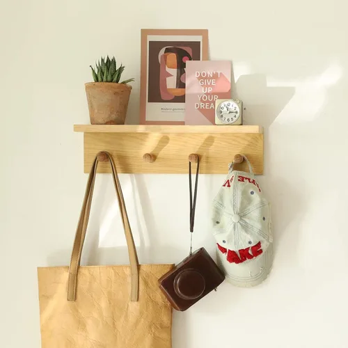 Perchero de pared con estante, estante flotante de madera resistente con ganchos para ahorrar espacio interior, organizador de pared adecuado para
