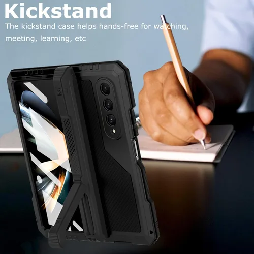 Miniatura 6 de Funda de metal para Samsung Galaxy Z Fold 4 con soporte para bolígrafo S, funda militar resistente Z Fold4 con protector de pantalla integrado, Negro
