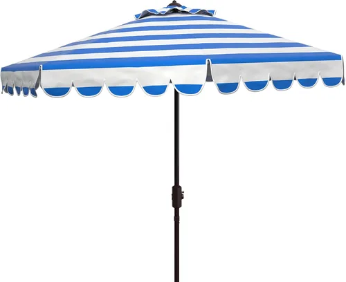 Miniatura 10 de SAFAVIEH Sombrilla de patio para exteriores, redonda, de 9 pies, colección Maui, rayas azul marino y blanco, manivela, inclinación con botón, Azul