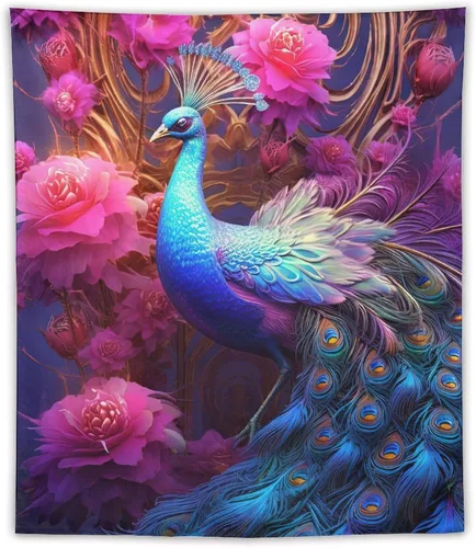 Miniatura 9 de JHION Tapiz de pavo real, hermoso tapiz de pájaro para colgar en la pared, tapices estéticos psicodélicos, arte de pared, decoración del hogar