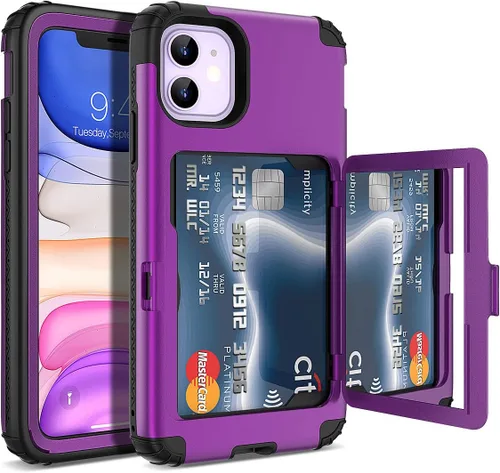 WeLoveCase Defender - Funda tipo cartera para iPhone 11 para mujer y hombre, con espejo oculto, tres capas a prueba de golpes, protección Púrpura