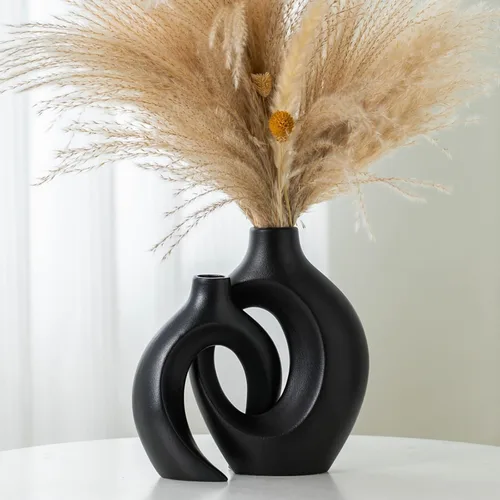 Liotww Juego de 2 jarrones negros para decoración del hogar, florero pequeño de cerámica negro, jarrón donut decorativo moderno minimalista bohemio