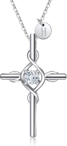 RIVIKO Collar con dije de cruz con inicial para mujeres y niñas, plata de ley 925, delicados collares de letras, nombre del alfabeto, joyería