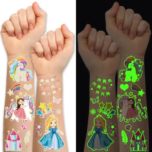 Más de 252 piezas de tatuajes temporales de princesa unicornio brillante para niños, 36 hojas de tatuajes falsos de castillo arcoíris, dulces,