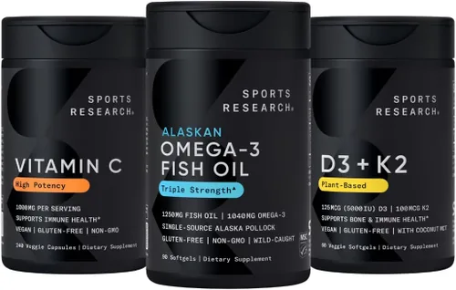 Sports Research® Aceite de pescado omega 3 de 1250 mg sin eructos, abadejo salvaje de Alaska, (90 unidades), vitamina C vegana de alta potencia de