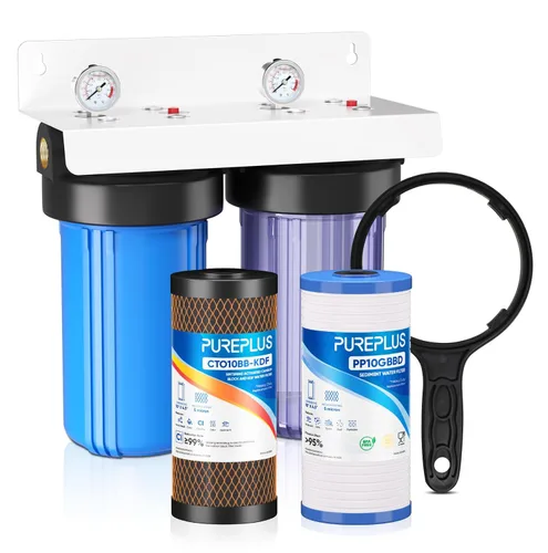 Miniatura 12 de PUREPLUS Sistema de filtración de agua de 2 etapas para toda la casa, carcasa transparente universal de 10 pulgadas, reduce los sedimentos