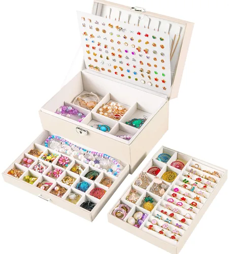 Miniatura 109 de Joyero de pendientes para mujeres y niñas, organizador de aretes de 5 capas, caja organizadora de joyas blanca con candado, collares y aretes