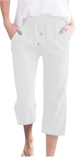 Miniatura 20 de Ceboyel Pantalones capri para mujer para verano, cintura elástica, pantalones de yoga, con cordón, pantalones de lino, pantalones de entrenamiento