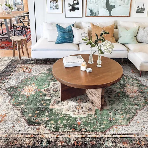 Miniatura 5 de Alfombra de área de 5 x 7 pies para sala de estar, alfombra verde boho antideslizante lavable, alfombra vintage de pelo bajo, alfombra grande