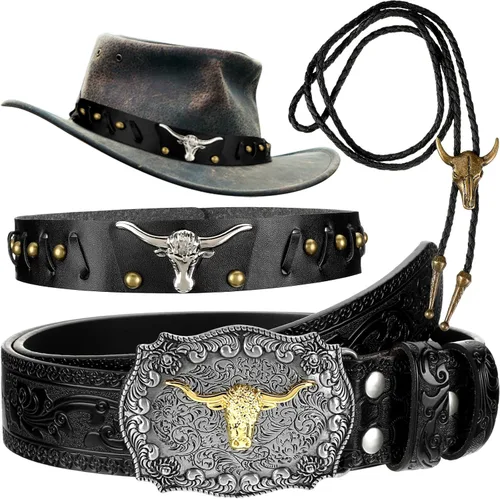 Panitay 3 piezas de accesorios de vaquero para hombre, hebilla occidental, cinturón para sombrero de vaquero, corbata Bolo vintage