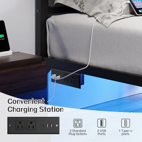 Miniatura 5 de OLEVS Marco de cama matrimonial con cabecero, plataforma de metal, tamaño completo con estación de carga USB y luces LED, no necesita somier