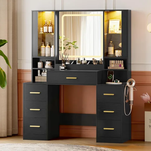 HUANLEGO Escritorio de tocador de maquillaje con espejo y luces, espejo de tocador negro con luces escritorio y 7 cajones y armario de cristal LED,