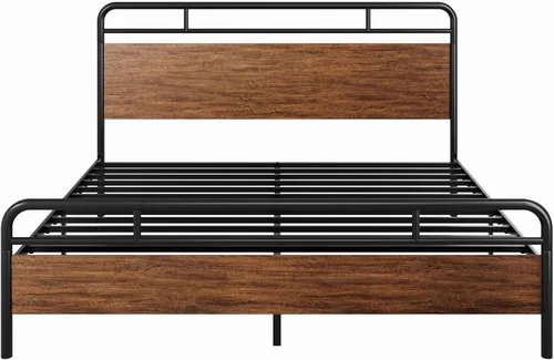 Miniatura 9 de SHA CERLIN Estructura de cama de tamaño king con cabecero y pie de cama de madera, estructura metálica de esquinas redondeadas, listones resistentes