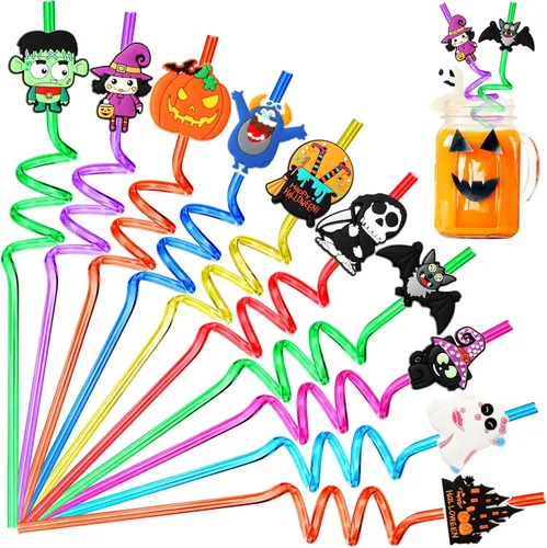 JANYUN Pajitas de Halloween, 20 popotes de plástico reutilizables locos, regalos de fiesta de Halloween, lindos murciélagos, calabaza, gato,