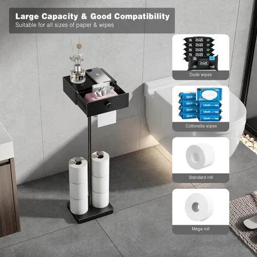 Miniatura 4 de VOLDRA Soporte de papel higiénico con estante, soporte de rollo de papel higiénico negro con cajón de almacenamiento de toallitas, soporte de papel